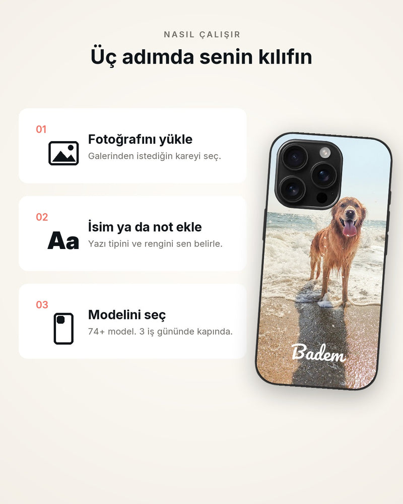 Üç adımda kişiye özel kılıf: fotoğraf yükle, isim ekle, modelini seç